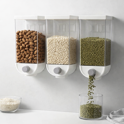 Wall-Mounted 3-Grid Dry Food Dispenser – Airtight Cereal, Rice & Grain Storage Container