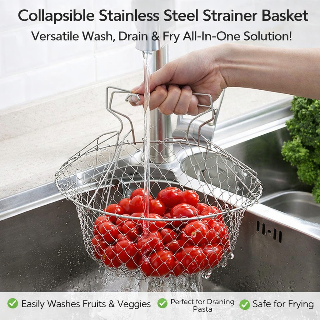 Collapsible Stainless Steel Strainer Basket – Multi-Purpose Wash, Drain & Fry Kitchen Colander