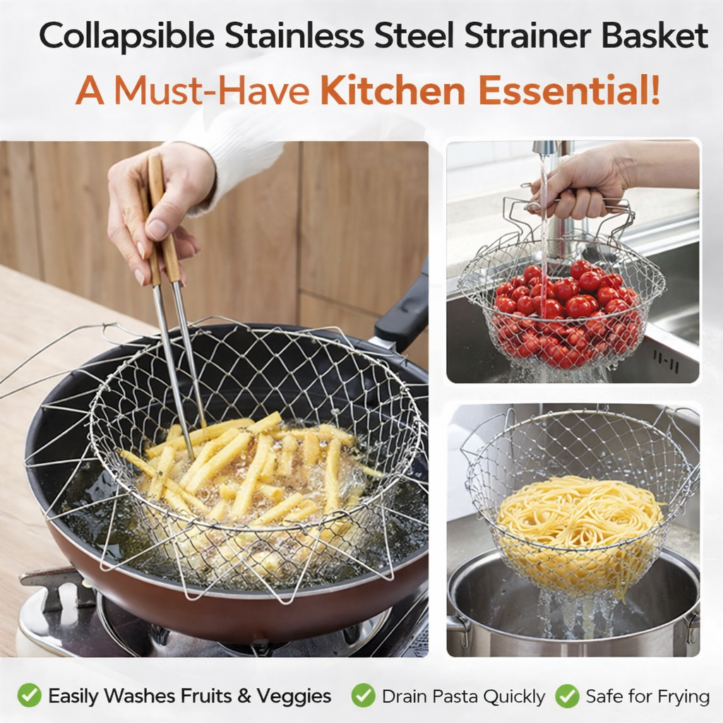 Collapsible Stainless Steel Strainer Basket – Multi-Purpose Wash, Drain & Fry Kitchen Colander