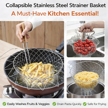 Collapsible Stainless Steel Strainer Basket – Multi-Purpose Wash, Drain & Fry Kitchen Colander