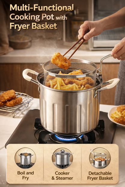 3-in-1 Multi Functional Stainless Steel Cooking Pot with Fryer Basket – Deep Fry, Steam & Boil | Premium Kitchen Cookware