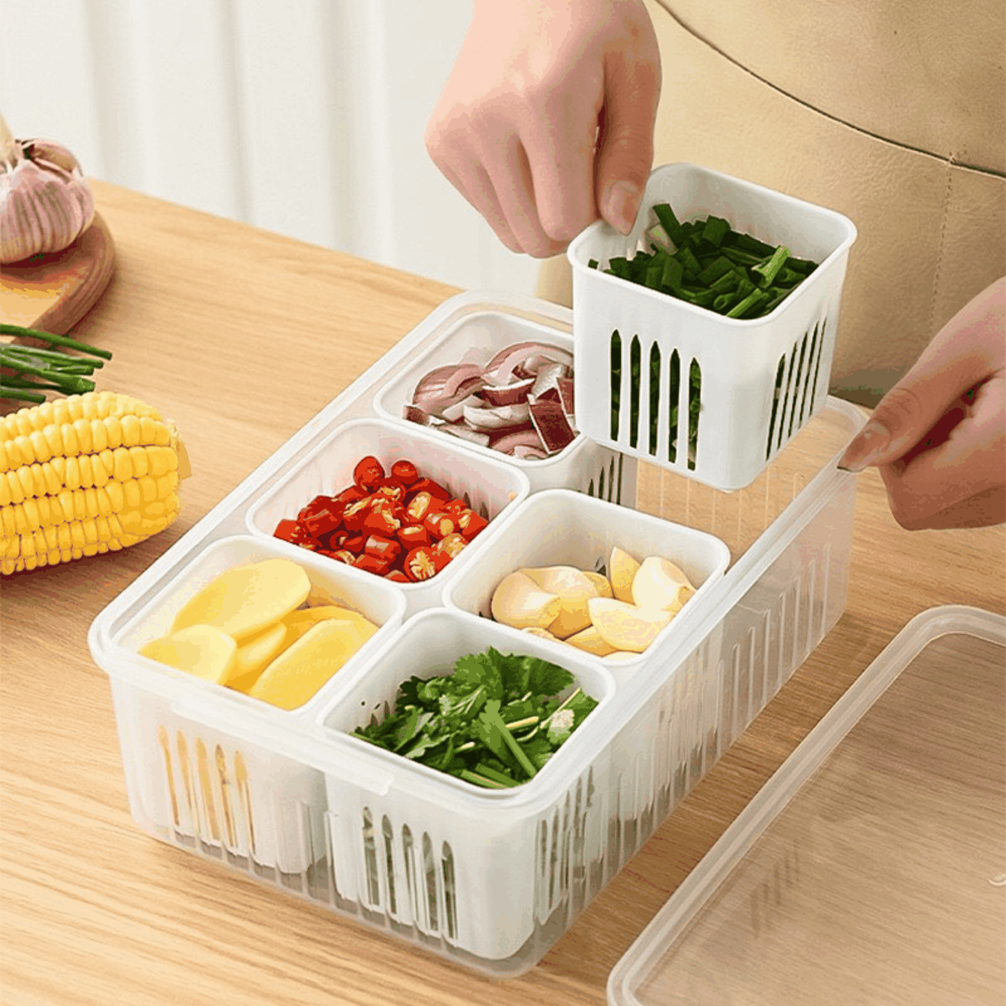 6-Compartment Kitchen Storage & Washing Basket with Drain Tray – Multi-Section Vegetable Organizer Box