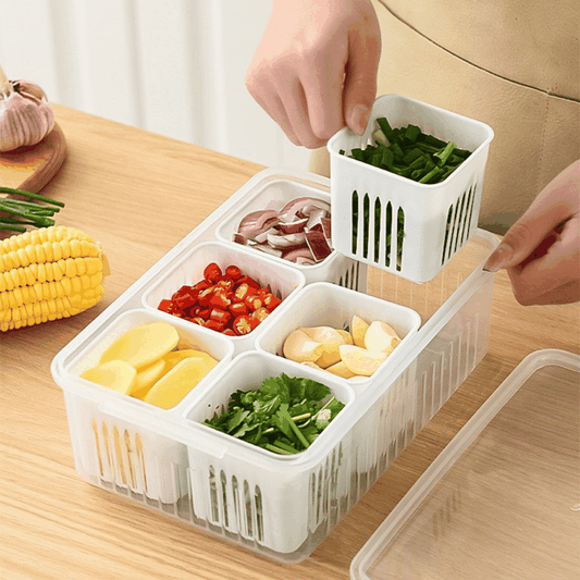 6-Compartment Kitchen Storage & Washing Basket with Drain Tray – Multi-Section Vegetable Organizer Box