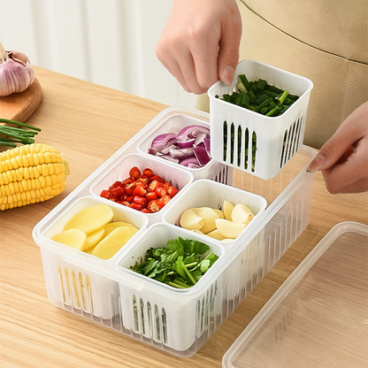 6-Compartment Kitchen Storage & Washing Basket with Drain Tray – Multi-Section Vegetable Organizer Box