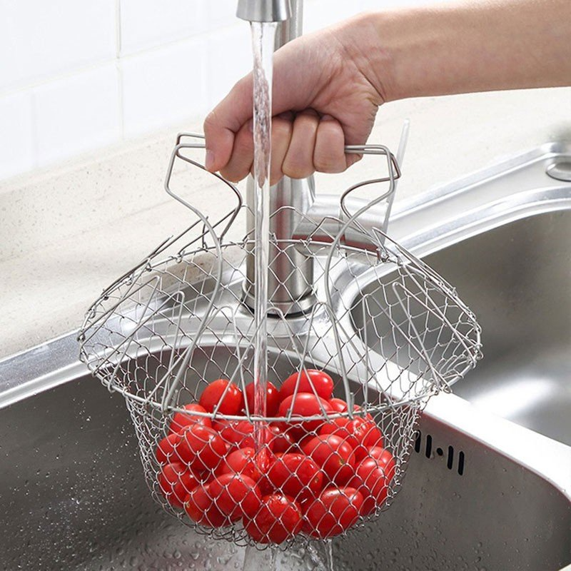 Collapsible Stainless Steel Strainer Basket – Multi-Purpose Wash, Drain & Fry Kitchen Colander