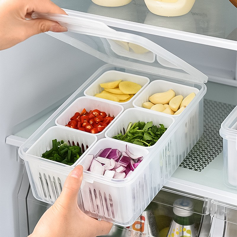 6-Compartment Kitchen Storage & Washing Basket with Drain Tray – Multi-Section Vegetable Organizer Box