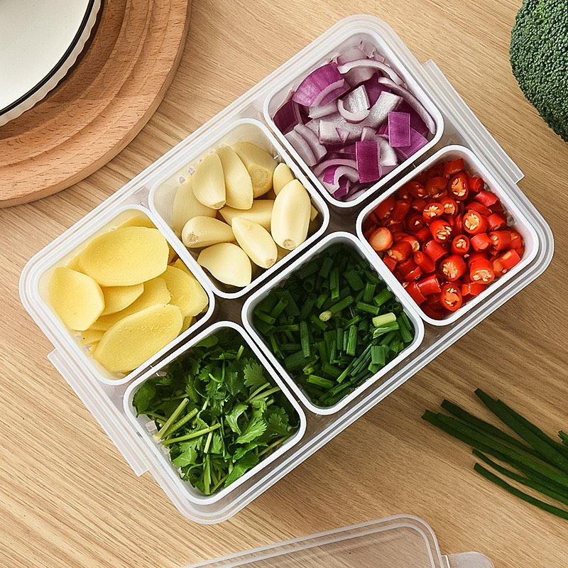 6-Compartment Kitchen Storage & Washing Basket with Drain Tray – Multi-Section Vegetable Organizer Box