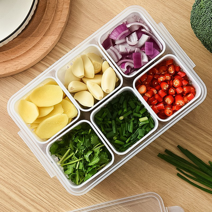 6-Compartment Kitchen Storage & Washing Basket with Drain Tray – Multi-Section Vegetable Organizer Box
