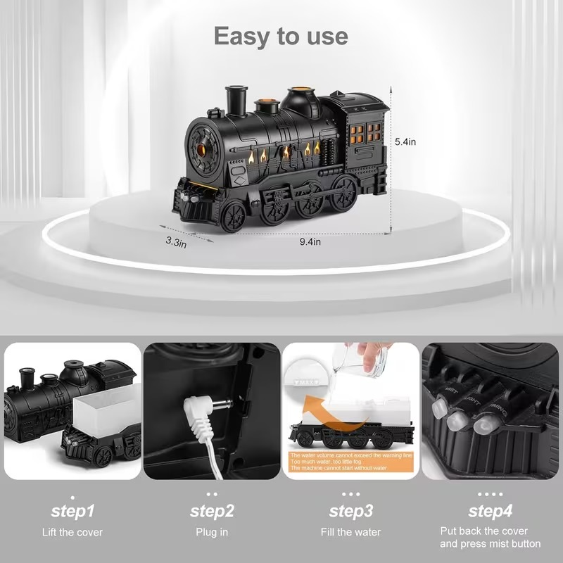 Luxury Vintage Train Aroma Diffuser – Smart Ultrasonic Essential Oil Humidifier with Remote & Ambient Light